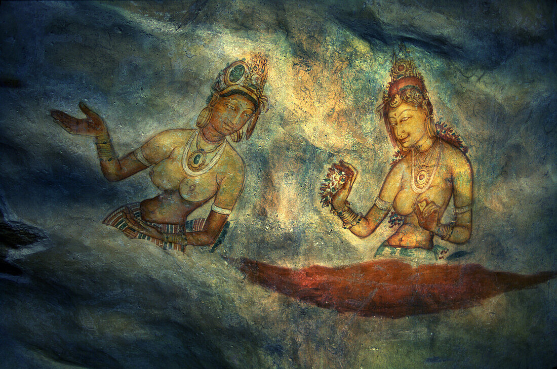 Wall paintings in Sigiriya, Sigiriya maidens, Sigiriya, Sri Lanka Asia