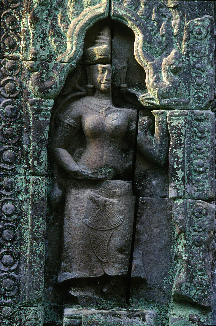 Damage on Apsara, Ta Prom temple, Siem Raep, Angkor Cambodia, Asia
