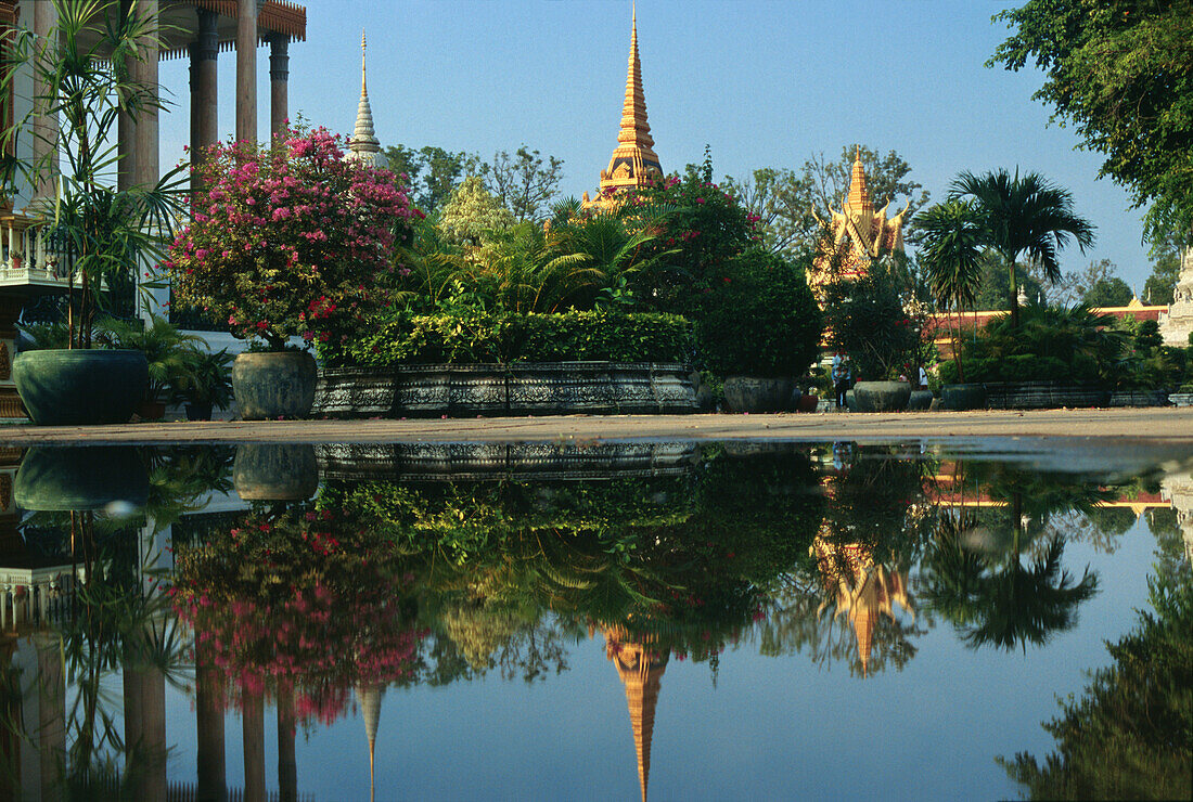 Inside the Royal Palace rain puddle reflection, , Phnom Penh, Cambodia Asia