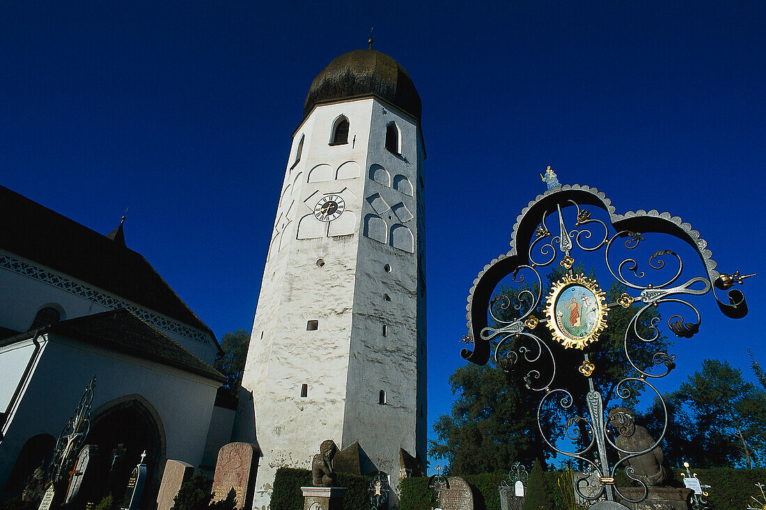 Cemetery and bell tower, Frauenchiemsee Island, Lake Chiemsee, Upper Bavaria, Germany