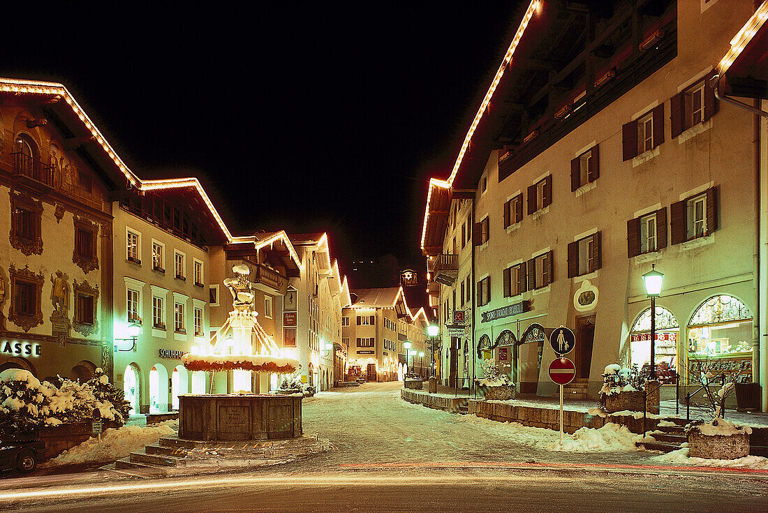 Market Place with Christmas lighting, Berchtesgaden, Bavaria, Germany