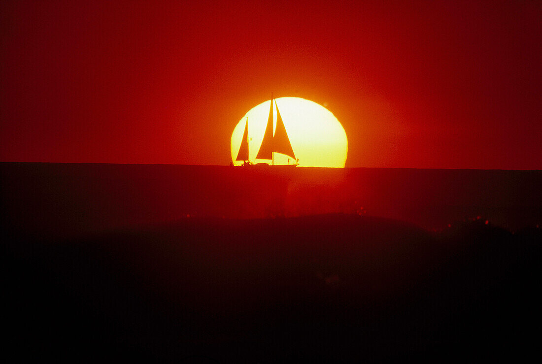 Sailing boat in front of setting sun, Waikiki Beach, Oahu, Hawaii USA, America