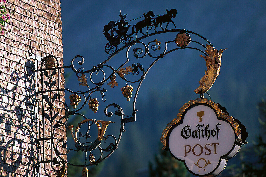 Traditional inn sign, Hotel Zur Post , Lech, Arlberg, Vorarlberg, Austria