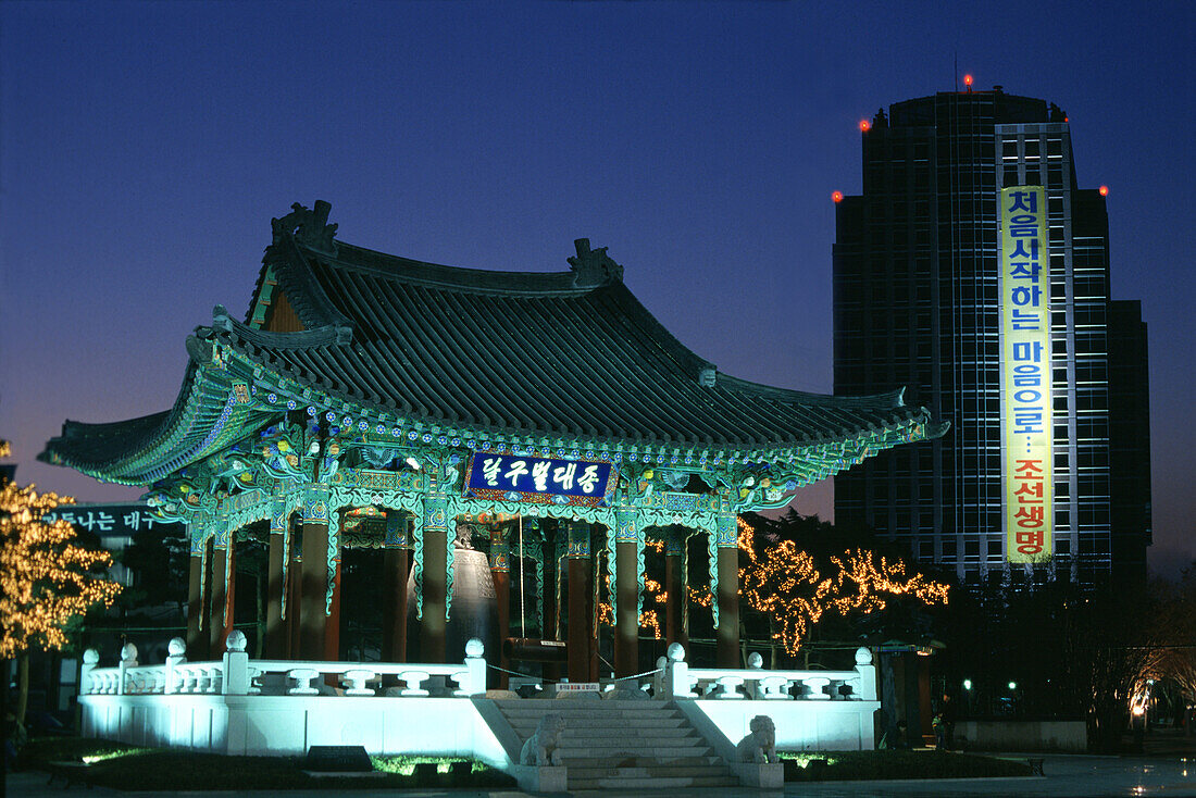 Bell pavilion and highrise at night, Daegu, South Korea, Asia