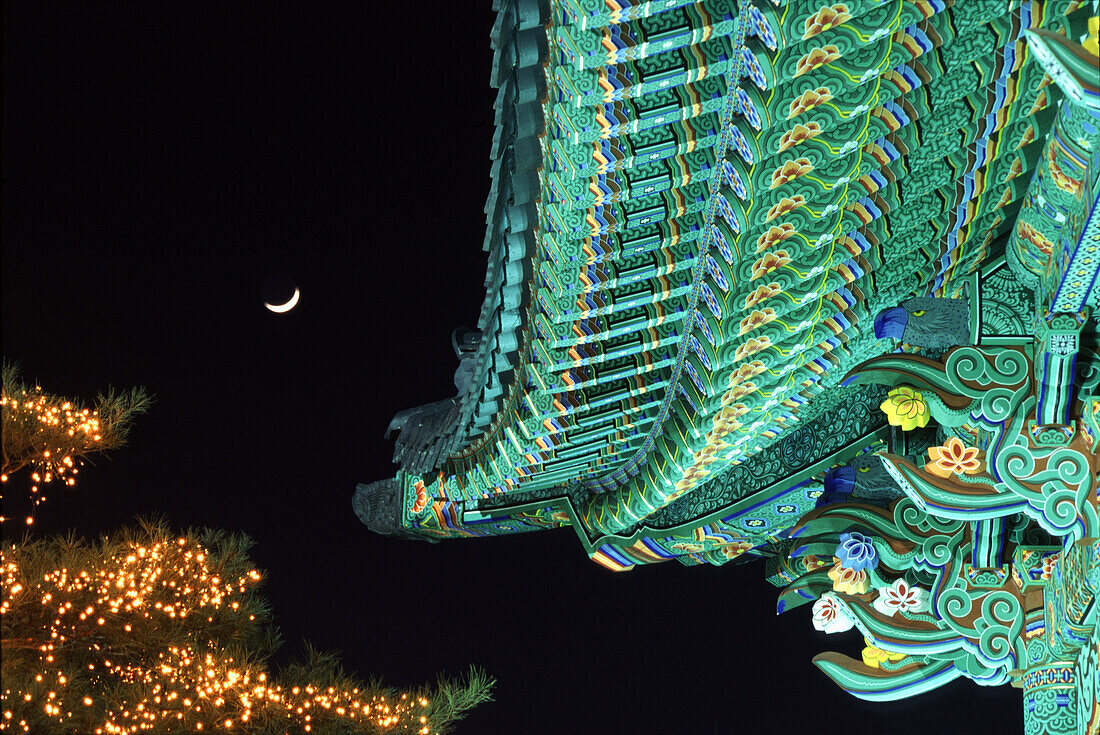 Beleuchtetes Tempeldach bei Nacht, Daegu, Südkorea, Asien