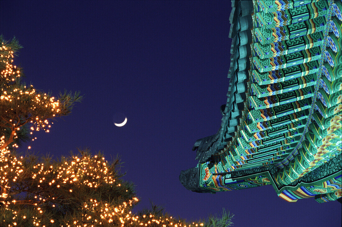 Temple roof with moon, Daegu, South Korea, Asia