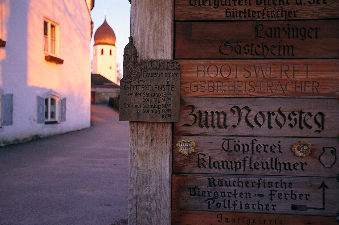 Sign posts, Frauenchiemsee, Chiemsee, Bavaria, Germany