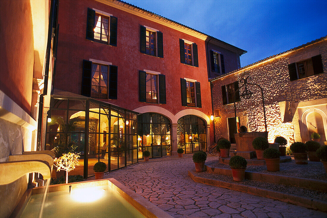 Inner courtyard of the Gran Hotel Son Net in the evening, Puigpunyent, Mallorca, Spain, Europe