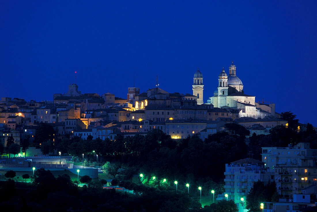 The town of Macerata with its cathedral at night, Macerata, Marche, Italy