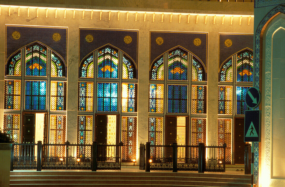 Illuminated stained glass windows of the mosque at night, Muscat, Oman, Middle East, Asia