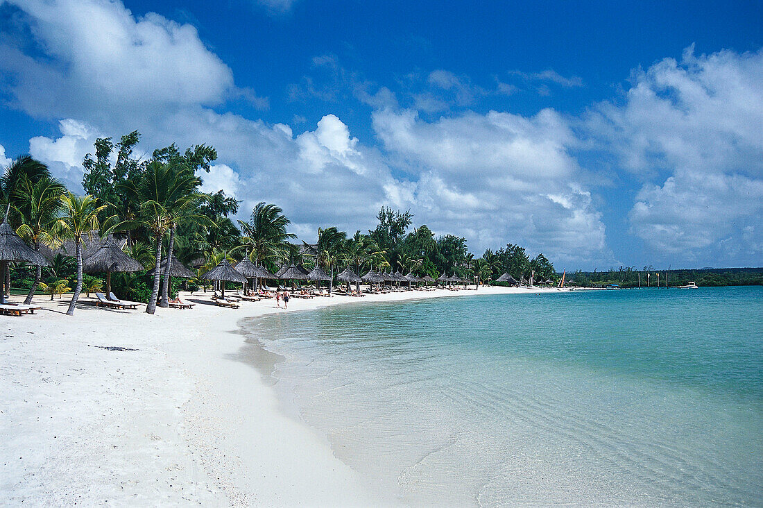 Sandy beach with palm trees in the sunlight, Hotel Le Prince Meurice, Mauritius, Africa