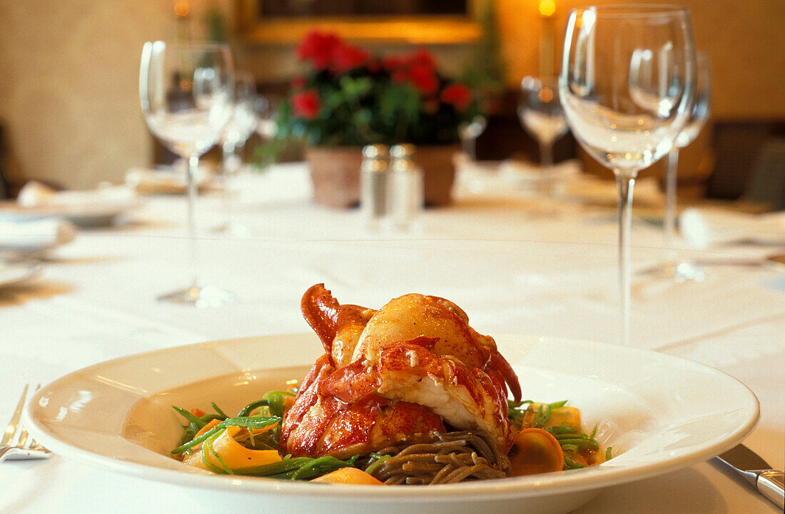 Roasted lobster on a plate, Four Seasons Hotel, Boston, Massachusetts USA, America