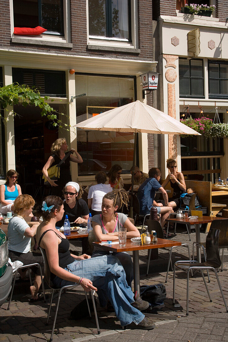 Guests, Cafe Finch, Noorderkerkplein, Jordaan, Young people sitting in open air Cafe Finch, Noorderkerkplein, Jordaan, Amsterdam, Holland, Netherlands
