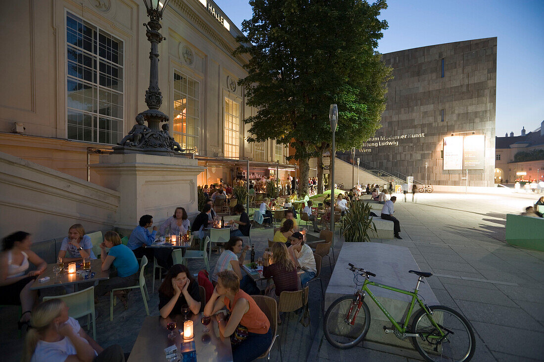 Bar in front of Kunsthalle Wien at MuseumsQuartier in the evening, Vienna, Austria