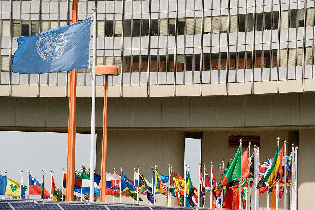 Flags in front of the International Conference Centre, UNO-City, Vienna, Austria