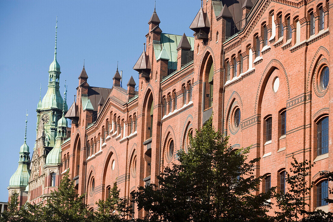 Facade of brick-lined building, Speicherstadt , Hamburg, Germany