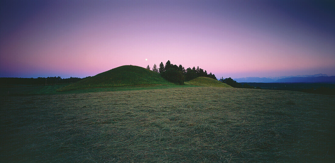 Landscape in the evening light with moon, Pfaffenwinkel, Upper Bavaria, Germany