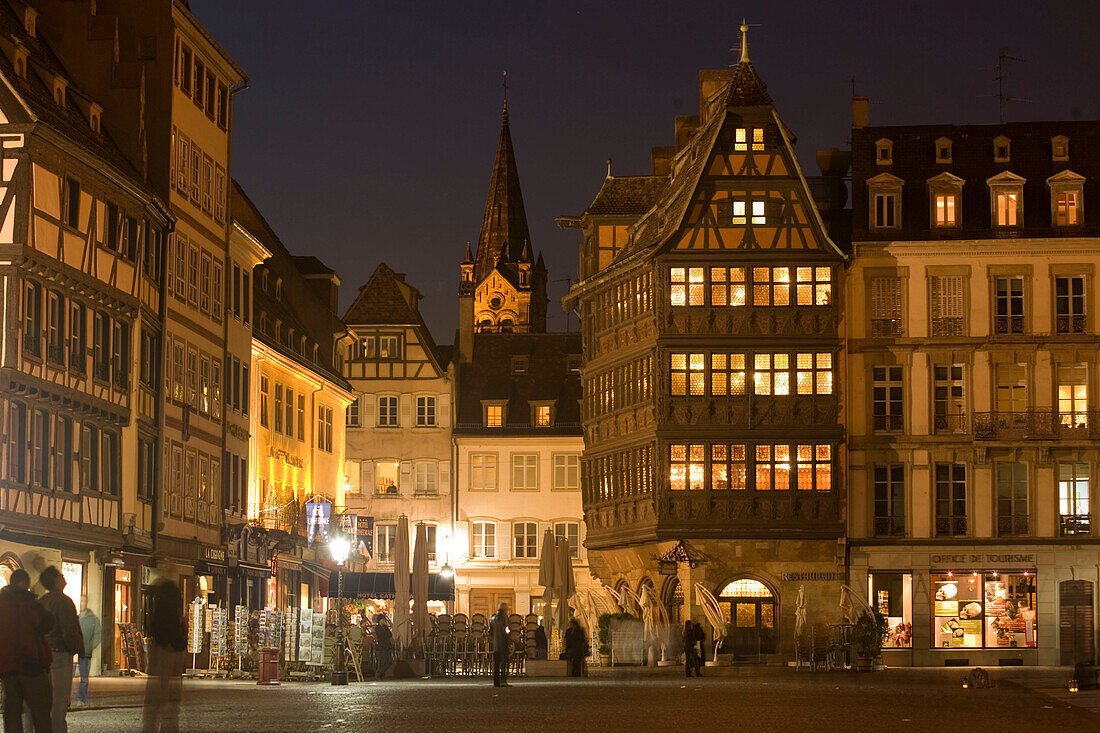 Place de la Cathedrale and Maison Kammerzell, View over the Place de la Cathedrale Cathedral Square, to one of the oldest and loveliest timbered houses the Maison Kammerzell at night, Strasbourg, Alsace, Franc