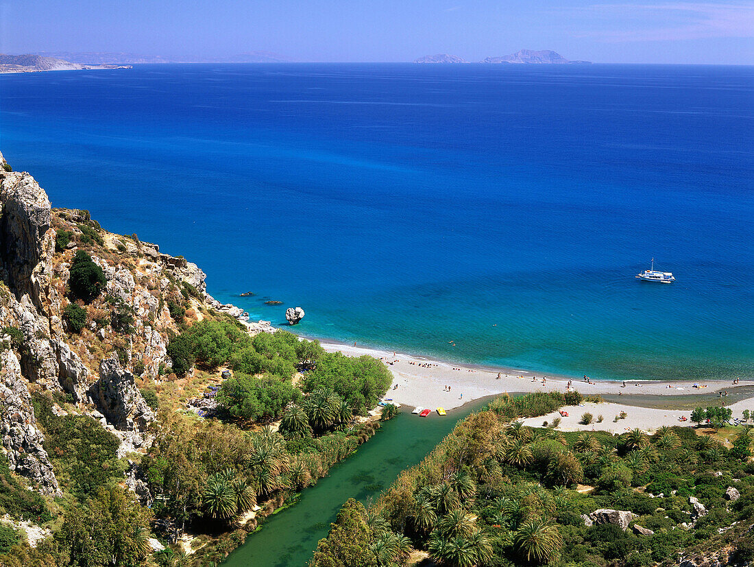 Palmen, Megalopotamos-Mündung, Preveli-Strand, Kreta, Griechenland