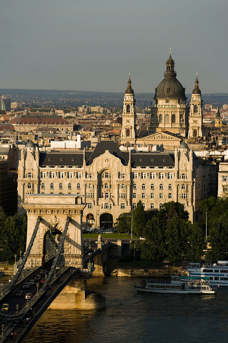 Chain Bridge, St. Stephen's Basilica and Danube, View over river Danube and Szechenyi Chain Bridge to Pest with St. Stephen's Basilica, Budapest, Hungary