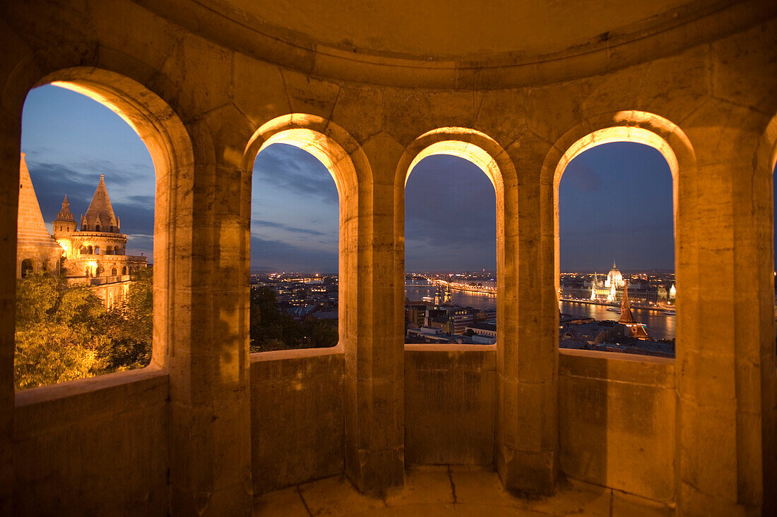 Fishermen's Bastion at Castle Hill, View out of one of the seven towers of the Fishermen's Bastion at Castle Hill at night, Buda, Budapest, Hungary