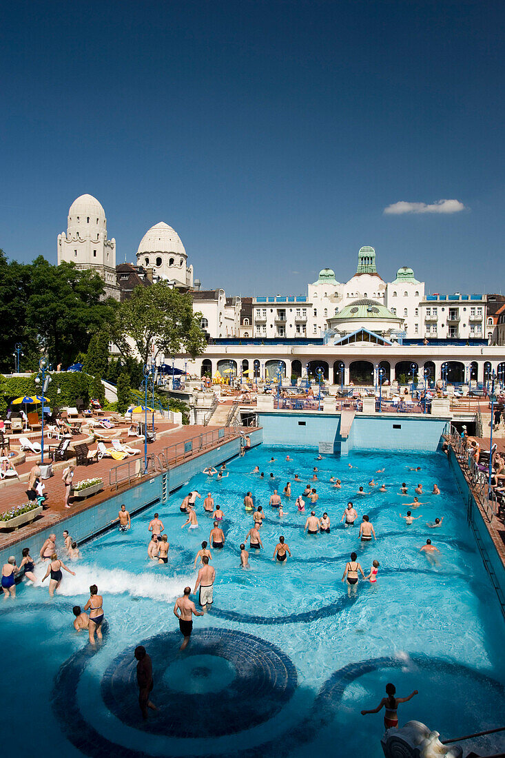 Open-air area of the Gellert Baths, People in the open-air area of the Gellert Baths, Buda, Budapest, Hungary