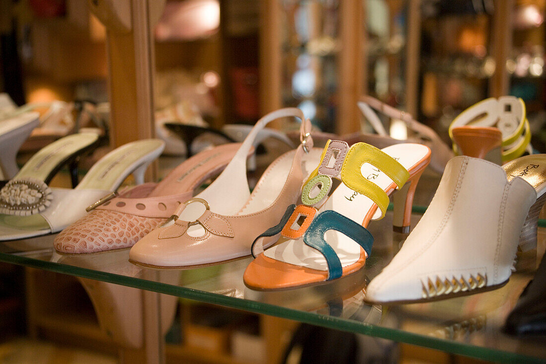 Outlay of a shoe boutique, Exclusive shoesof a shoe boutique at Vaci Street, Pest, Budapest, Hungary