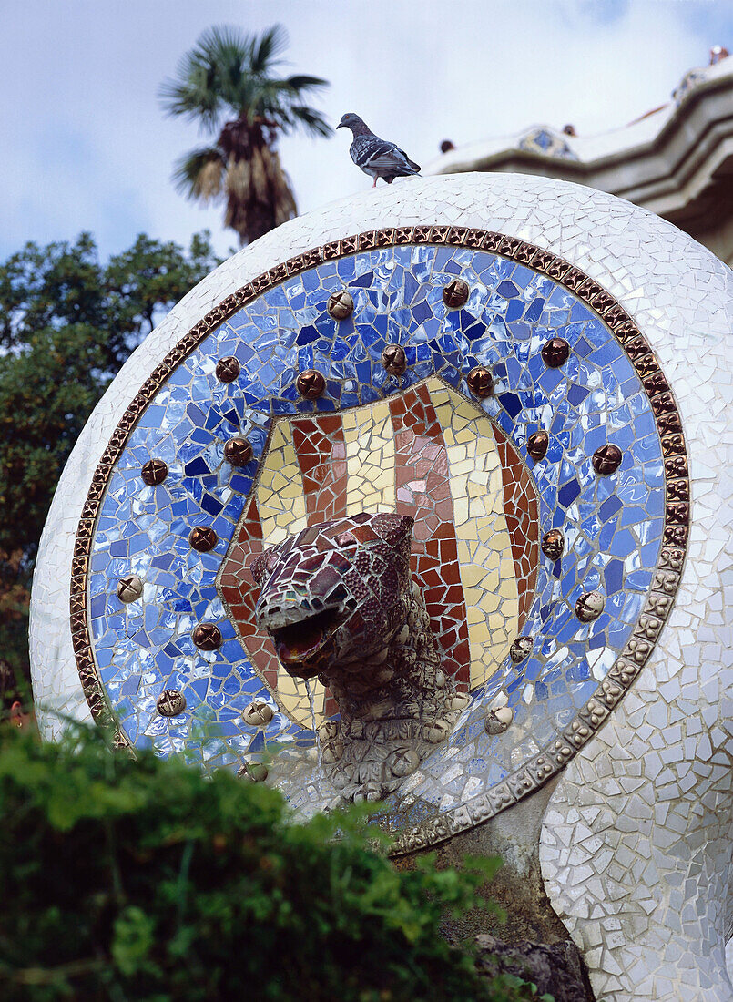 Mosaic made out of ceramic in Park Guell, Antoni Gaudi, Barcelona, Spain