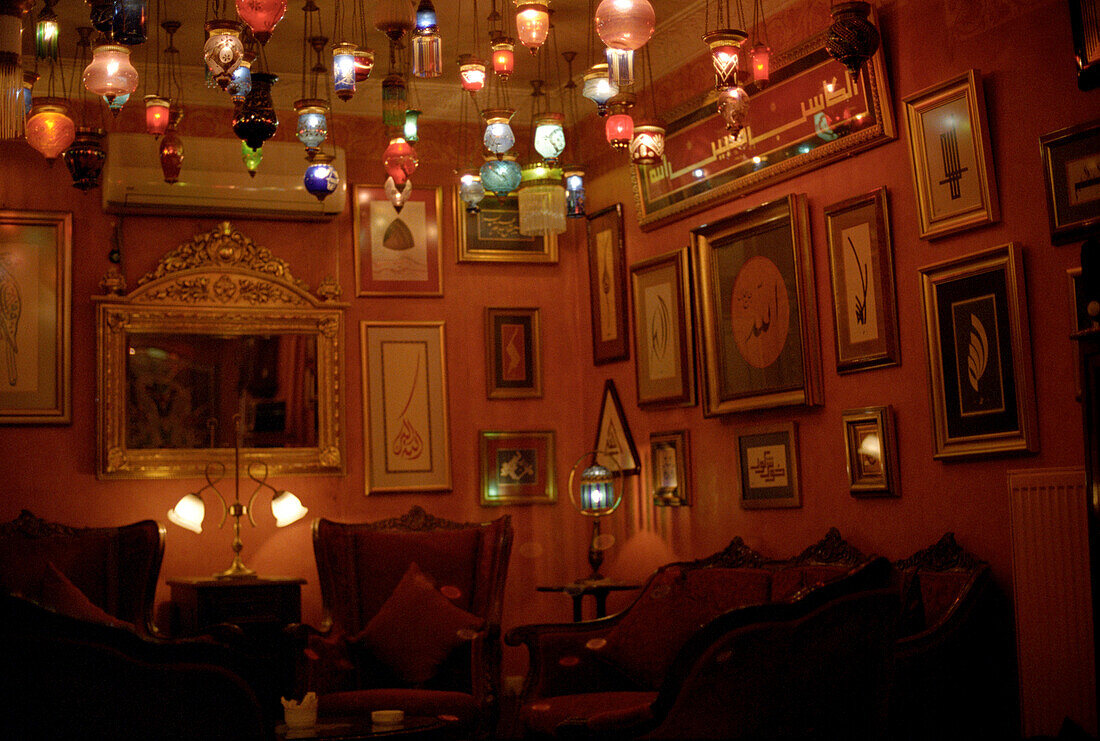 Hardly illuminated lounge at Hotel Kybele, Istanbul, Turkey, Europe