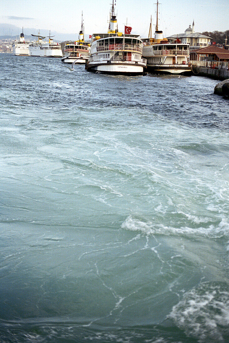 View at ferries at harbour, Bosporus, Istanbul, Turkey, Europe