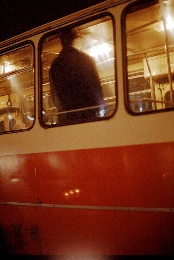 Person in tramway, Istanbul, Turkey