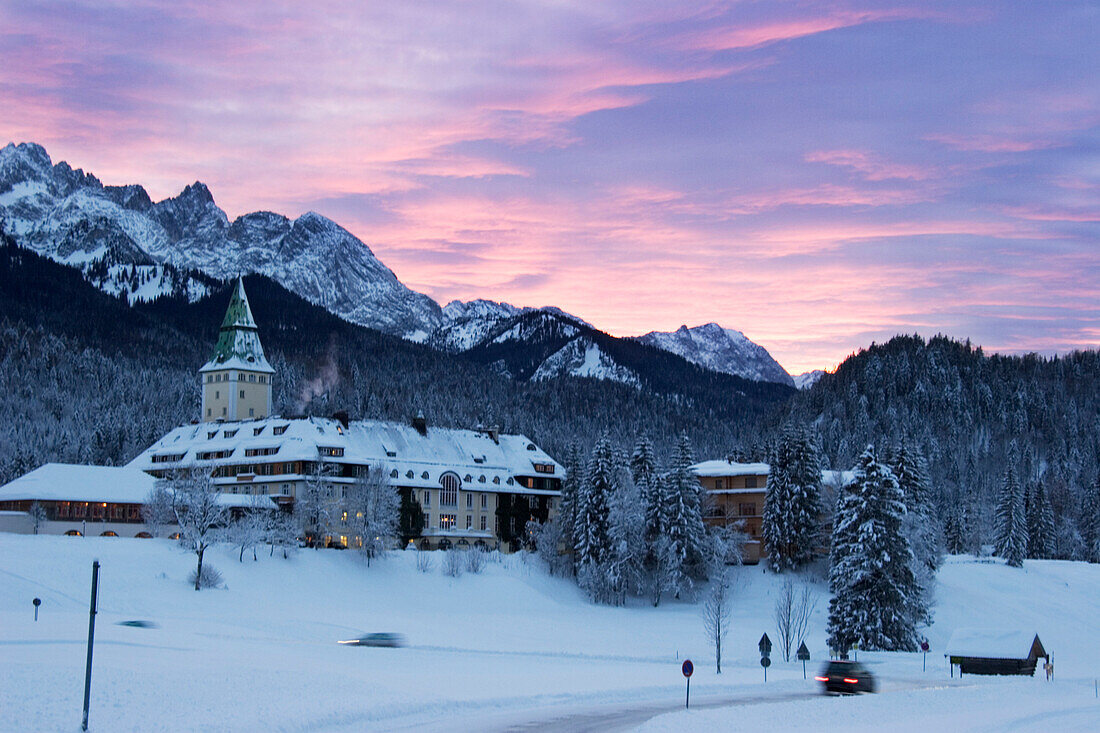 Ellmau castle in winter at sunset, burned down August 2005-rebuilding in 2007, Werdenfelser Land, Upper Bavaria, Bavaria, Germany