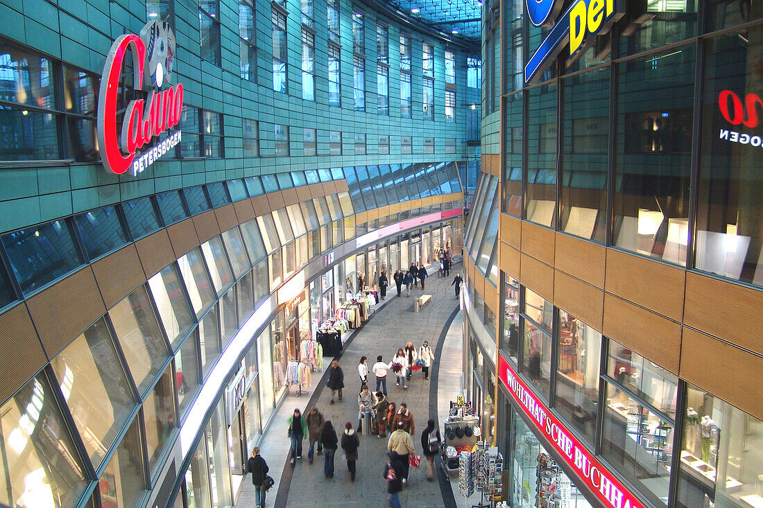 High angle view at people inside Petershof shopping centre, Leipzig, Saxony, Germany, Europe
