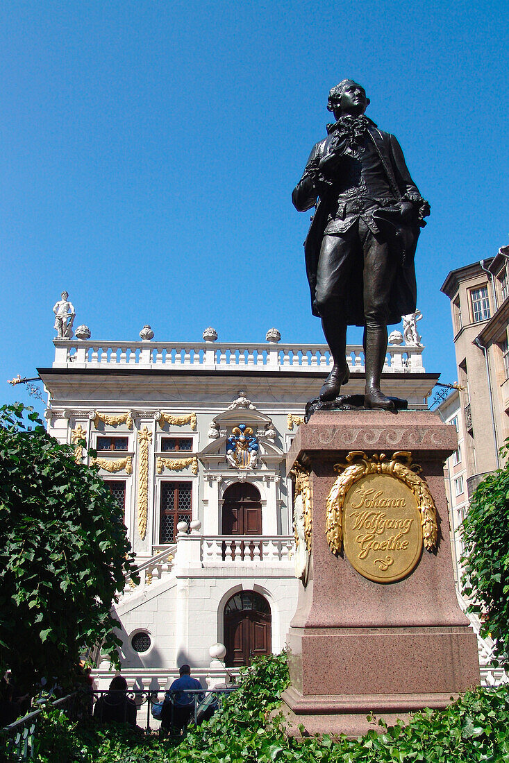 Goethe Satue in front of Old Stock Exchange at Naschmarkt square, Leipzig, Saxony, Germany