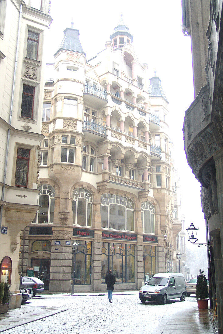 View at Barfussgaesschen street in winter, Leipzig, Saxony, Germany, Europe