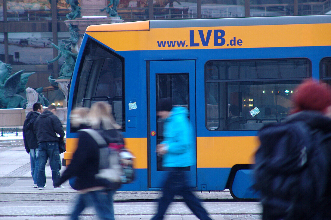 Leipzig, saxony, germany, people and tram at augustusplatz