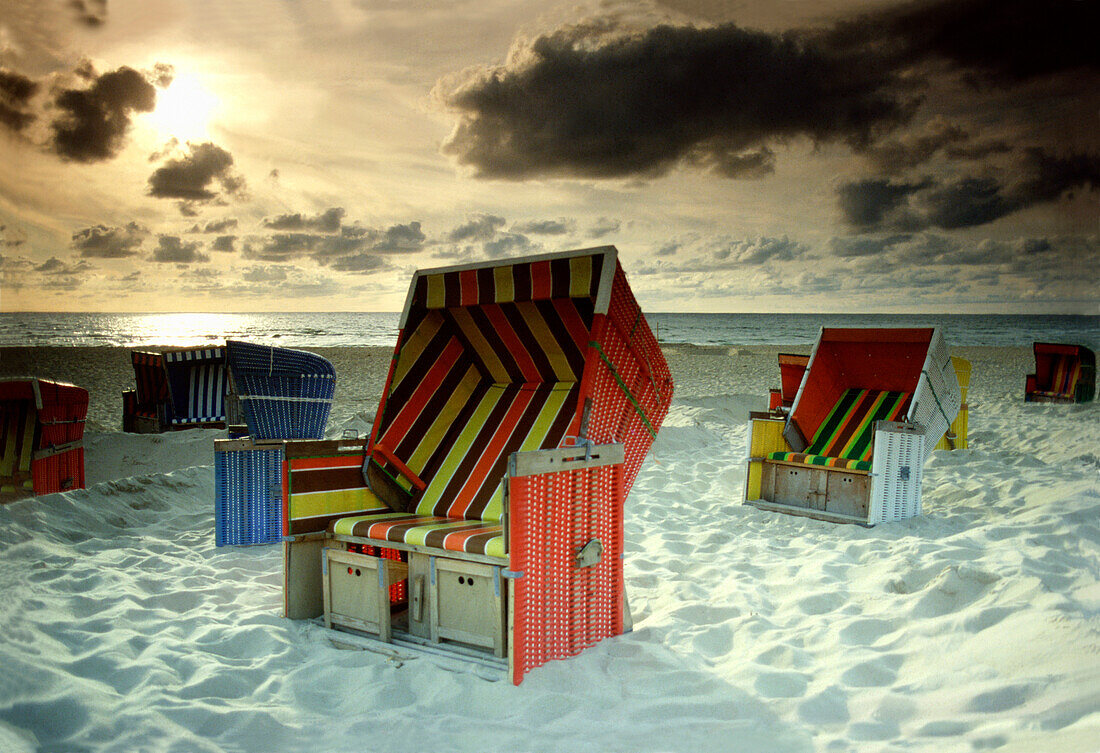 Beach chairs at sunset, Kampen, Sylt, Germany