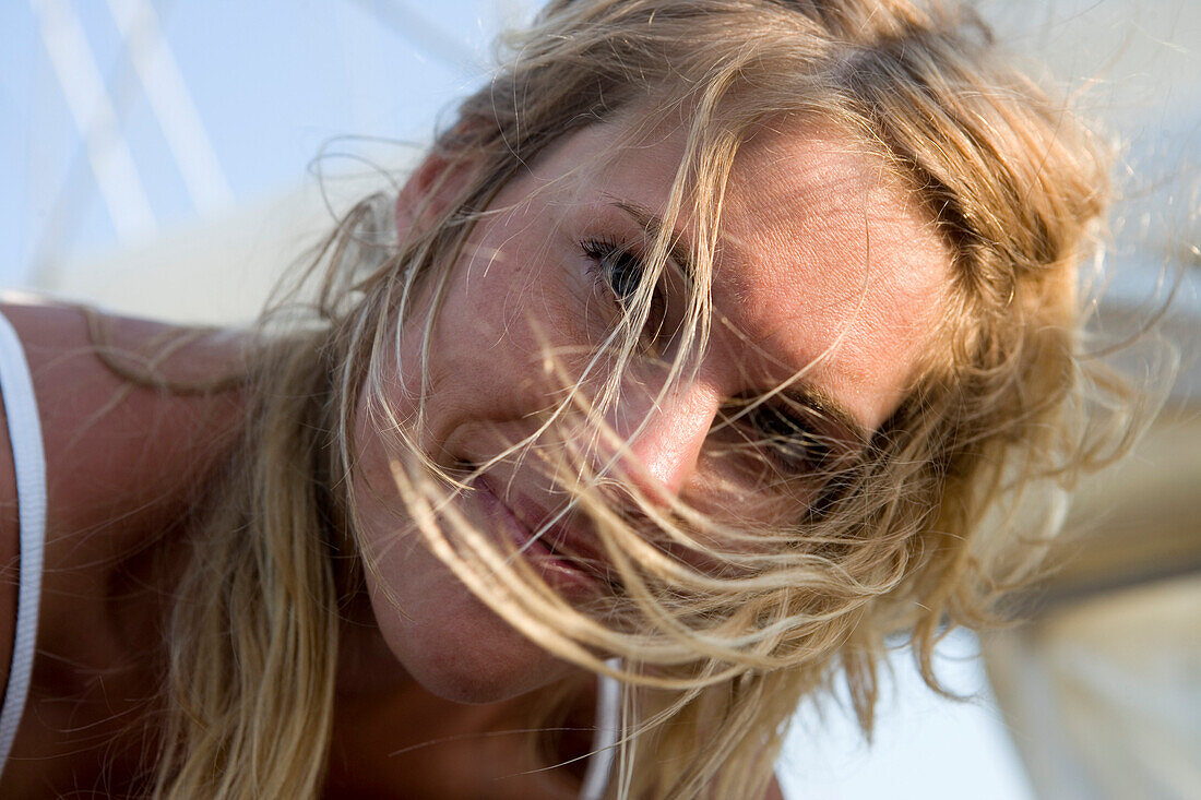 Wind-blown blonde aboard Star Flyer, Phang-Nga Bay, Thailand