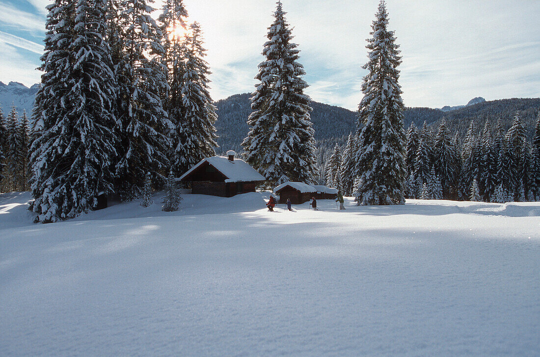 Familie beim Schneeschuhlaufen, Deutschland, Ellmau, Garmisch-Partenkirchen