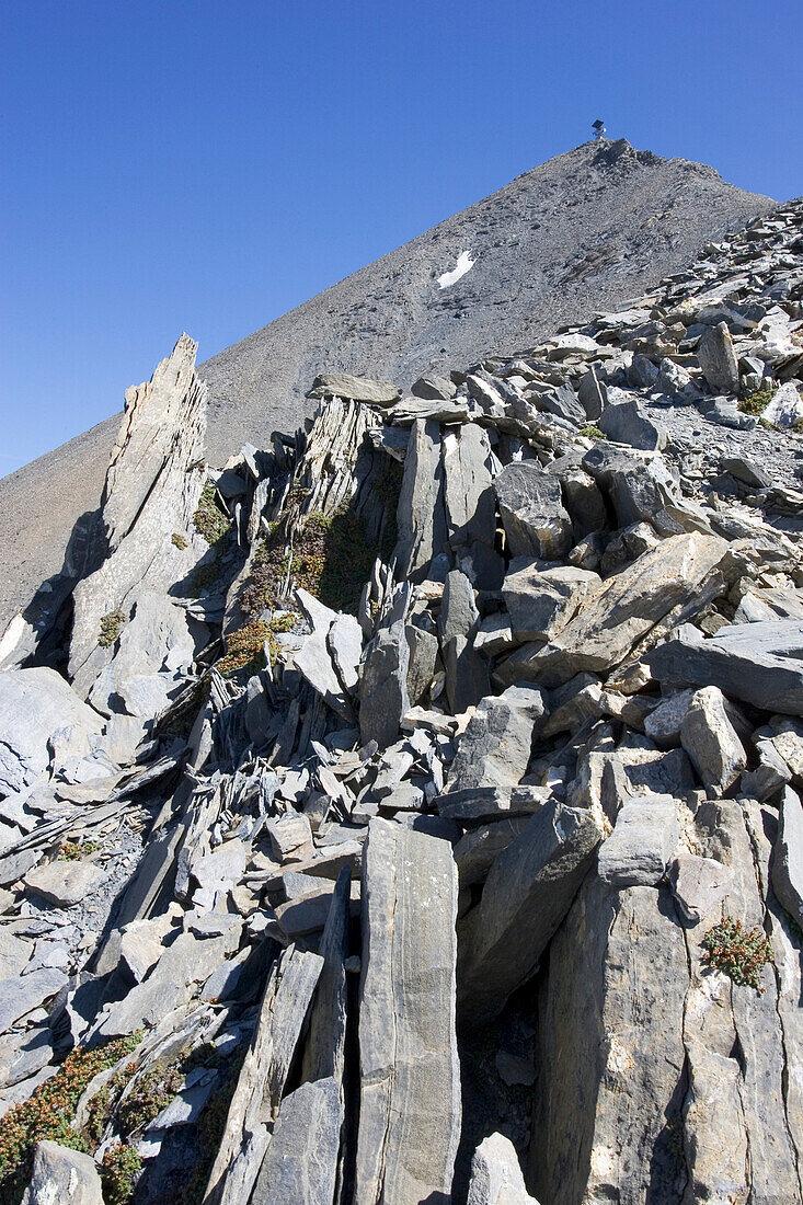 Rocks and the summit of the Muttler mountain, Samnaun, Engadin, Grisons, Switzerland