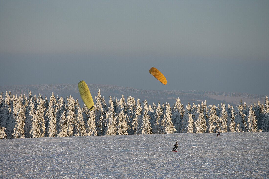 Snowkiting on Wasserkuppe Mountain, Rhoen, Hesse, Germany