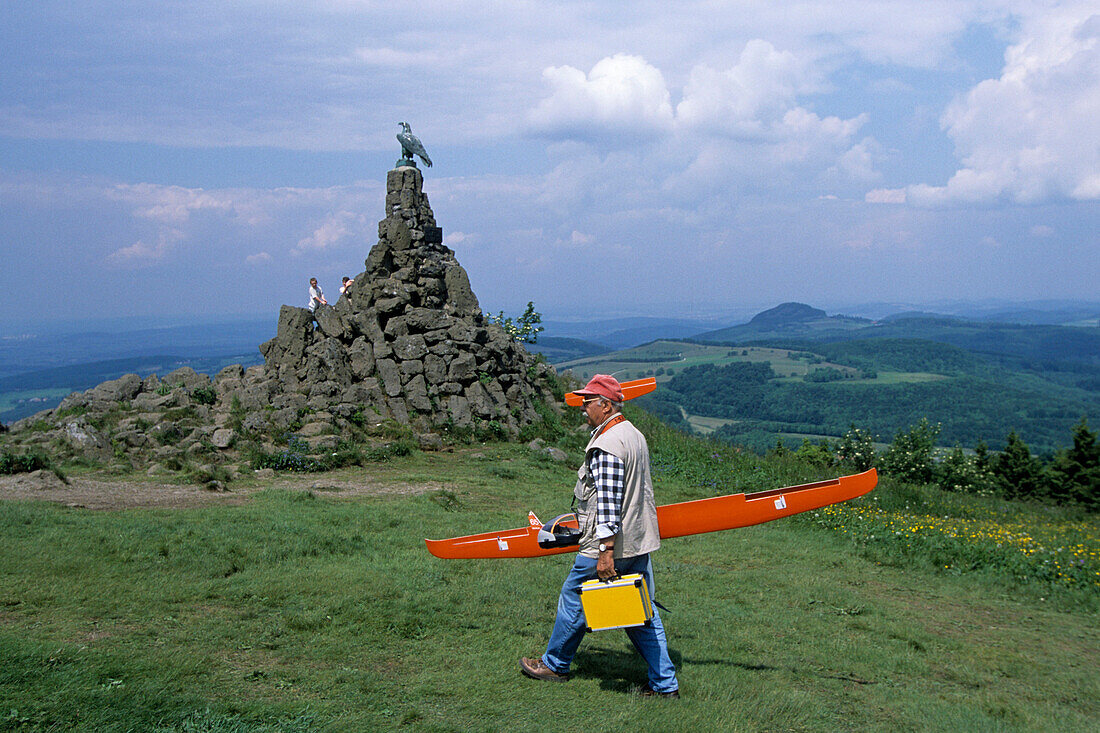 Man with Model Airplane, Aviator Monument, Wasserkuppe Mountain, Rhoen, Hesse, Germany