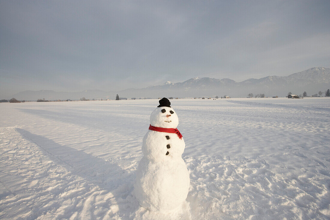 Schneemann mit Mütze und Schal im Voralpenland, Bayerische Alpen