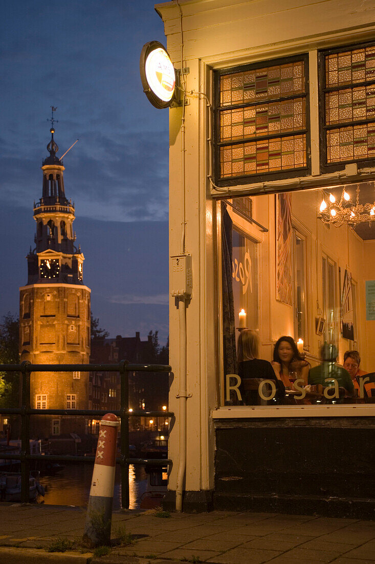Rosario Restaurant, Montelbaanstoren, Watch Tower, Rosario Restaurant and Montelbaanstoren, a watch tower in background in the evening, Amsterdam, Holland, Netherlands