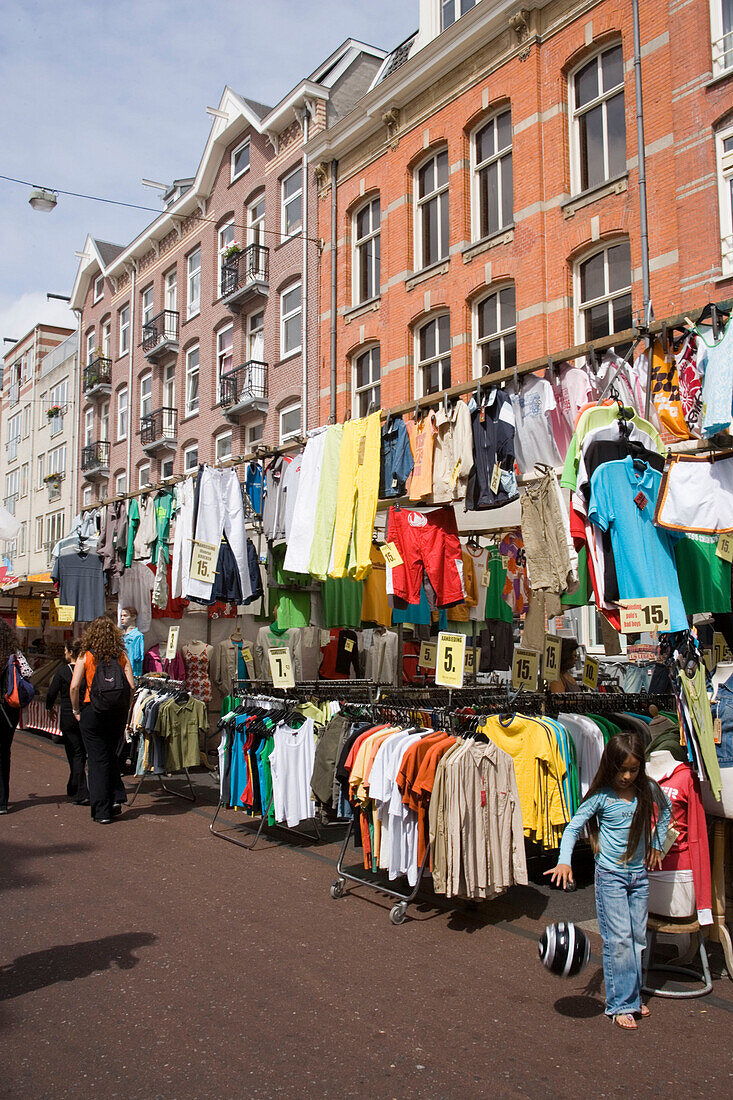 Market Stalls, Albert Cuypstraat Market, A market stall for clothes at Albert Cuypstraat Market, Amsterdam, Holland, Netherlands