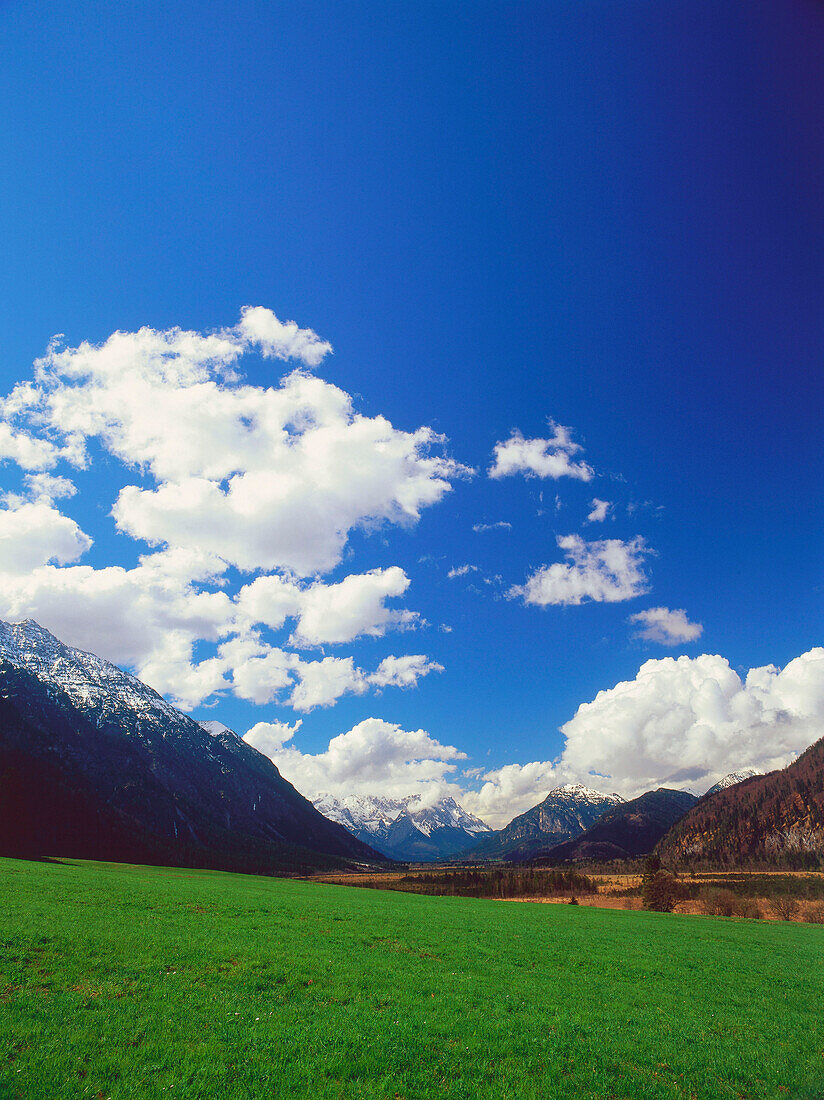 Blick auf Wettersteingebirge mit Zugspitze, Lkr. Garmisch, Oberbayern, Deutschland