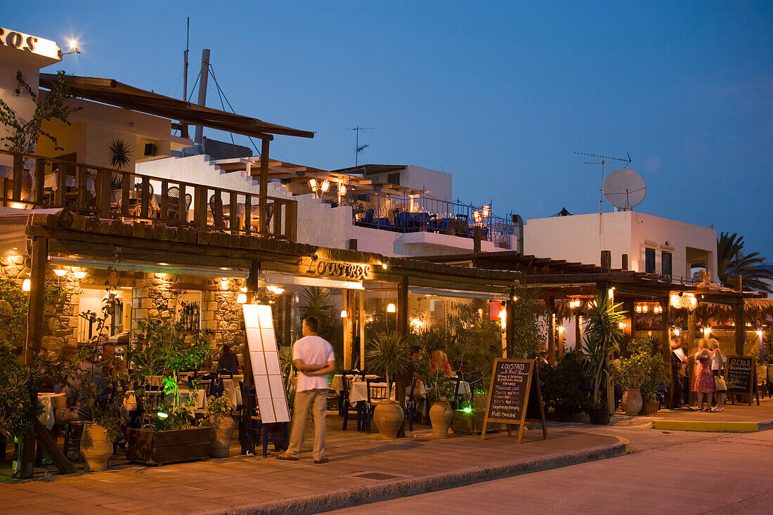 Restaurants near quay at promenade in the evening, Kardamena, Kos, Greece
