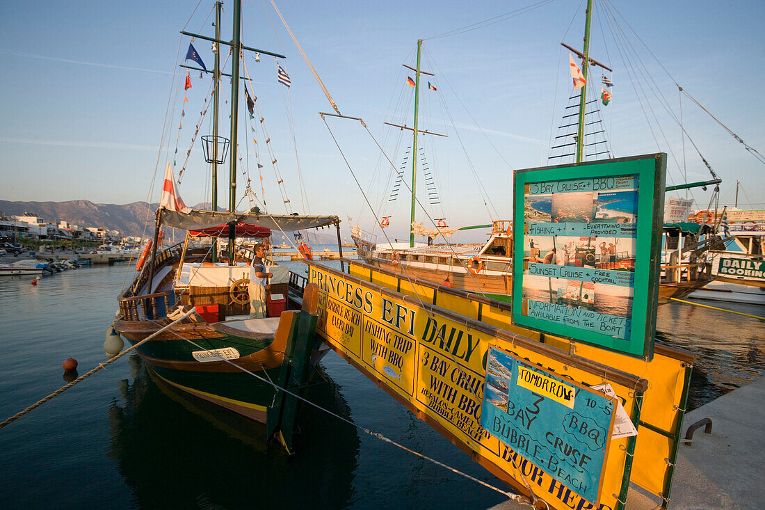 A typical excursion sailing boats by quay, Kardamena, Kos, Greece