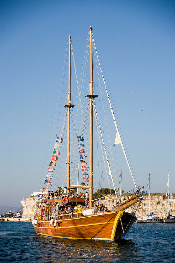 Three island excursion sailing boat at Mandraki harbour, Kos-Town, Kos, Greece