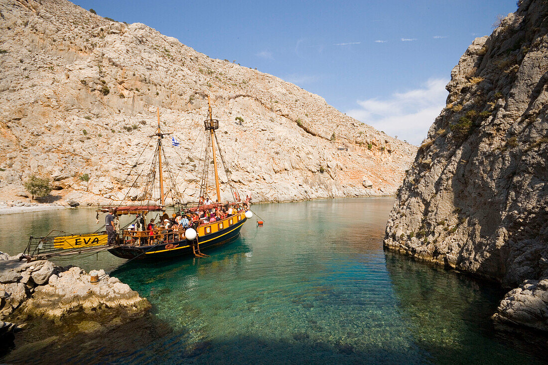 People on a sailing boat during a boat trip to a bay at Kalymnos